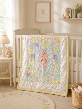 Vintage Care Bears Handmade Baby Quilt Blanket Pastel Patchwork 38x46